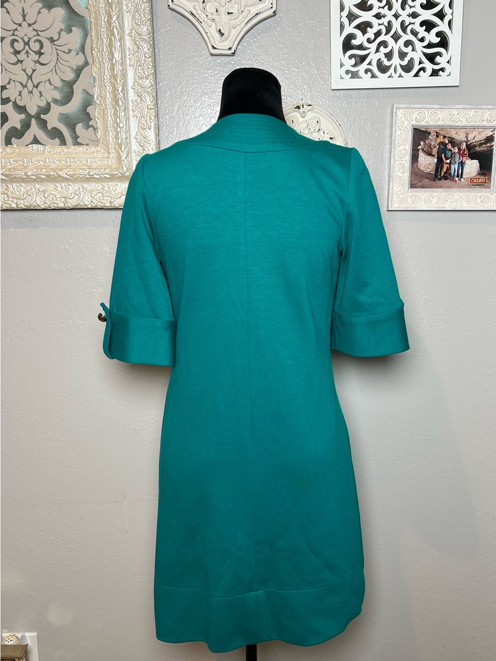 Teal Short Sleeve Button Front Shift Dress - Picture 10 of 12